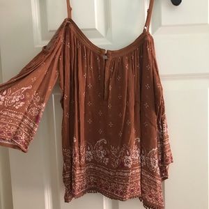 Tan/ Orange Off-the-Shoulder Blouse with pattern.